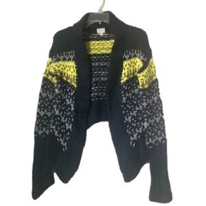 John & Jen Anthropologie Oversized Crop Two-Tone Cardigan Blue Grey Yellow XS